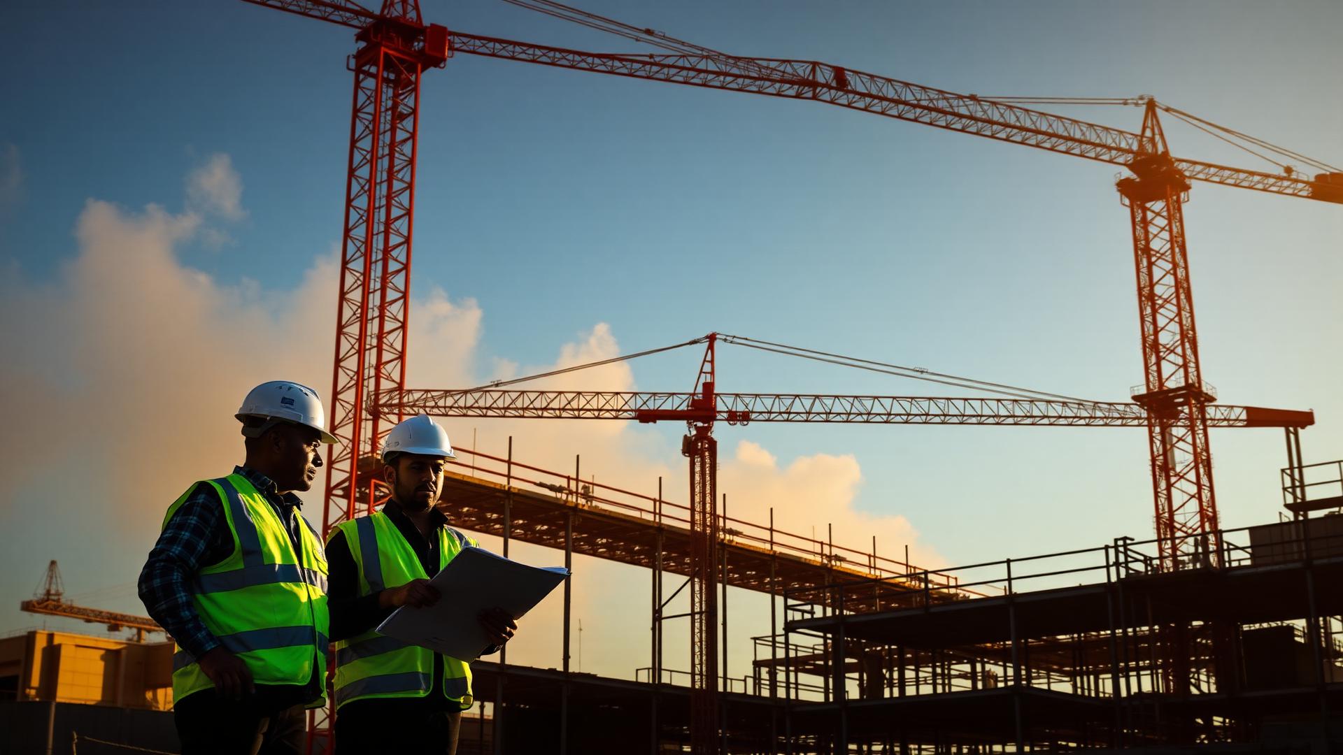 Construction safety officers in high-visibility vests reviewing plans on a building site at sunset