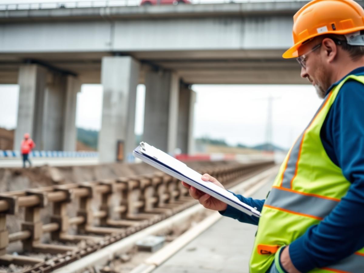 Safety officer conducting a site inspection with a clipboard at a bridge construction project